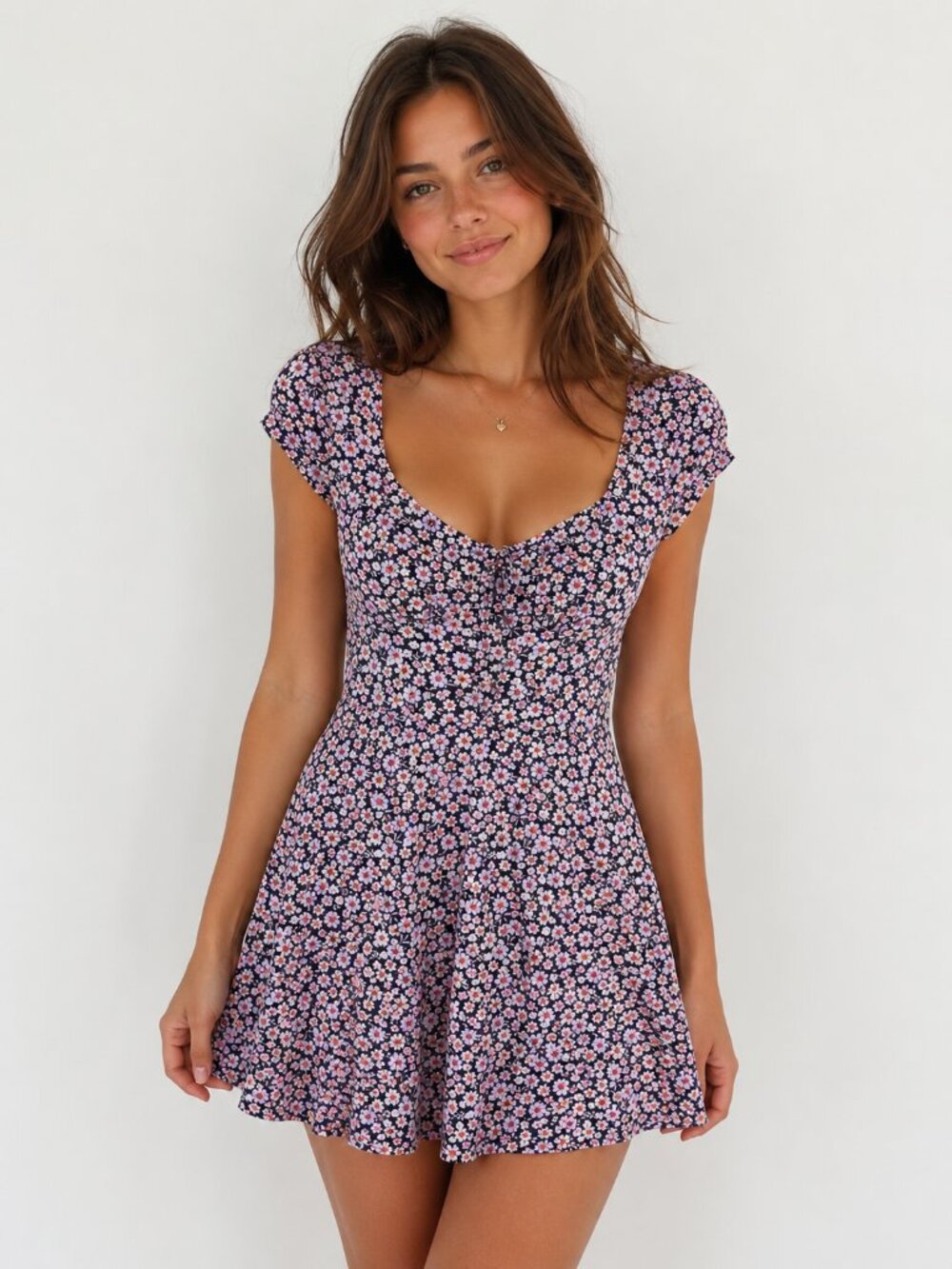 Y2K Floral Fit & Flare Mini Dress Cottagecore Daisy Print Size Small